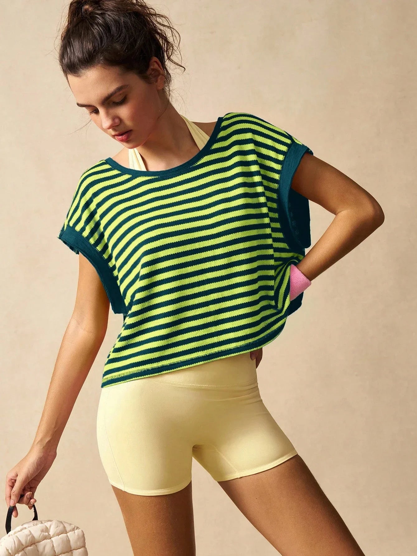 Women Striped Open Back Workout Top Breathable Gym Training