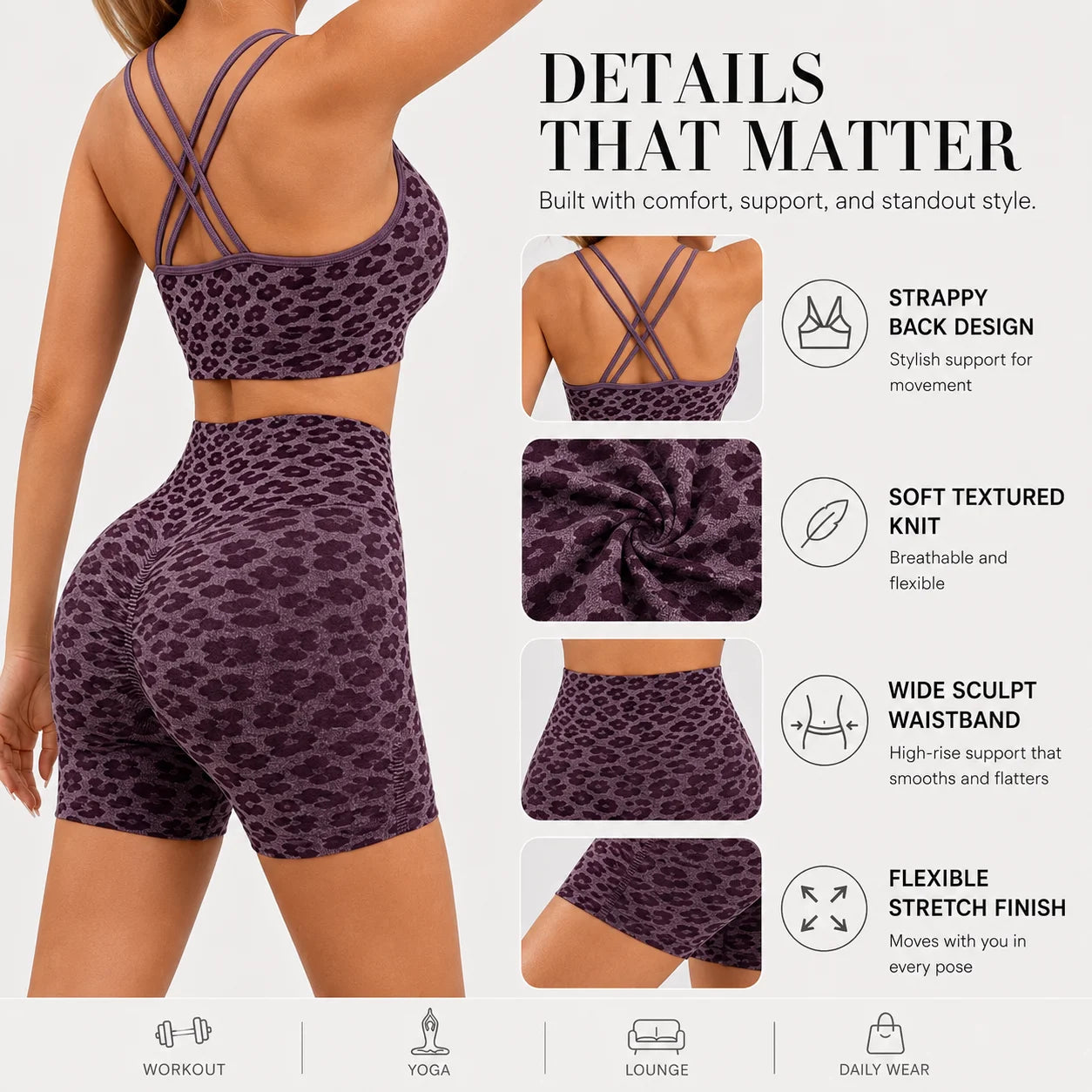 Leopard Print Women's 2 Piece Workout Set With Crop Tank