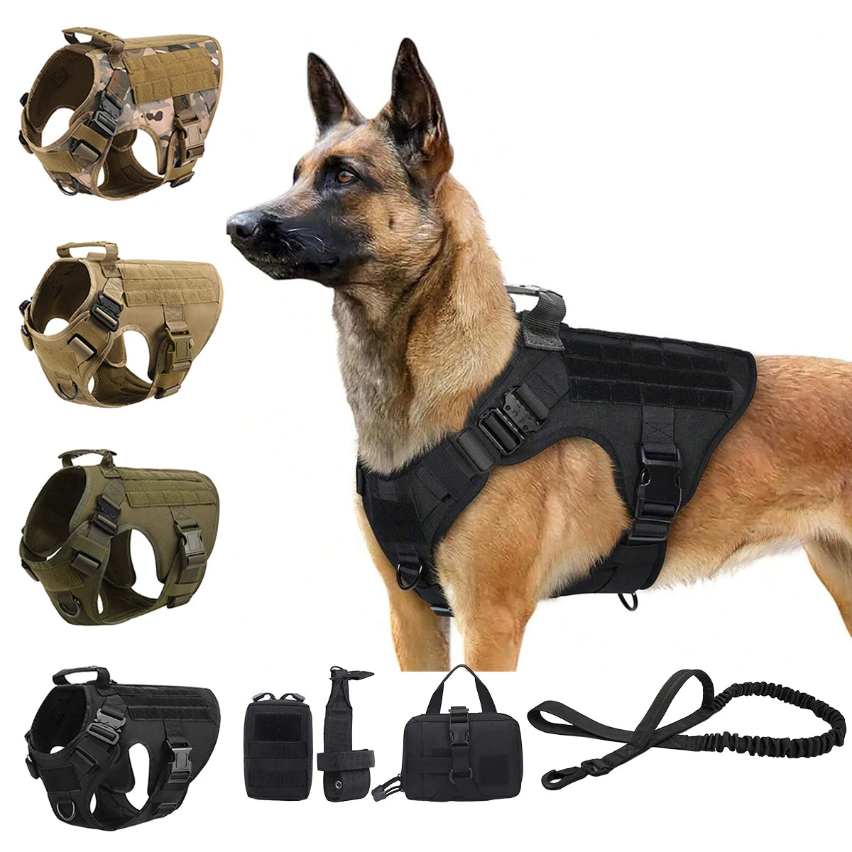 Tactical Dog Harness Collar Leash with Pouches For Medium & Large Dogs