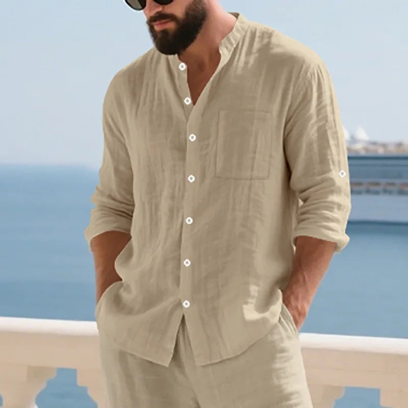 Mens Linen Button Down Long Sleeve Shirt Relaxed Fit