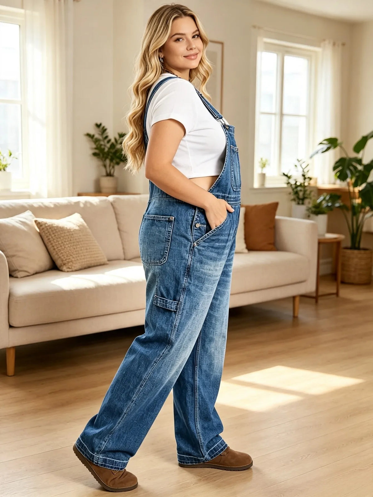 Women's High Waist Distressed Denim Overall Workwear Pants