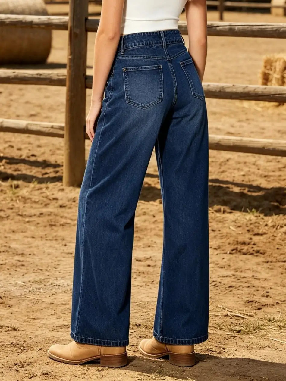 Womens High Waist Triple Button Vertical Stitch Denim Jeans