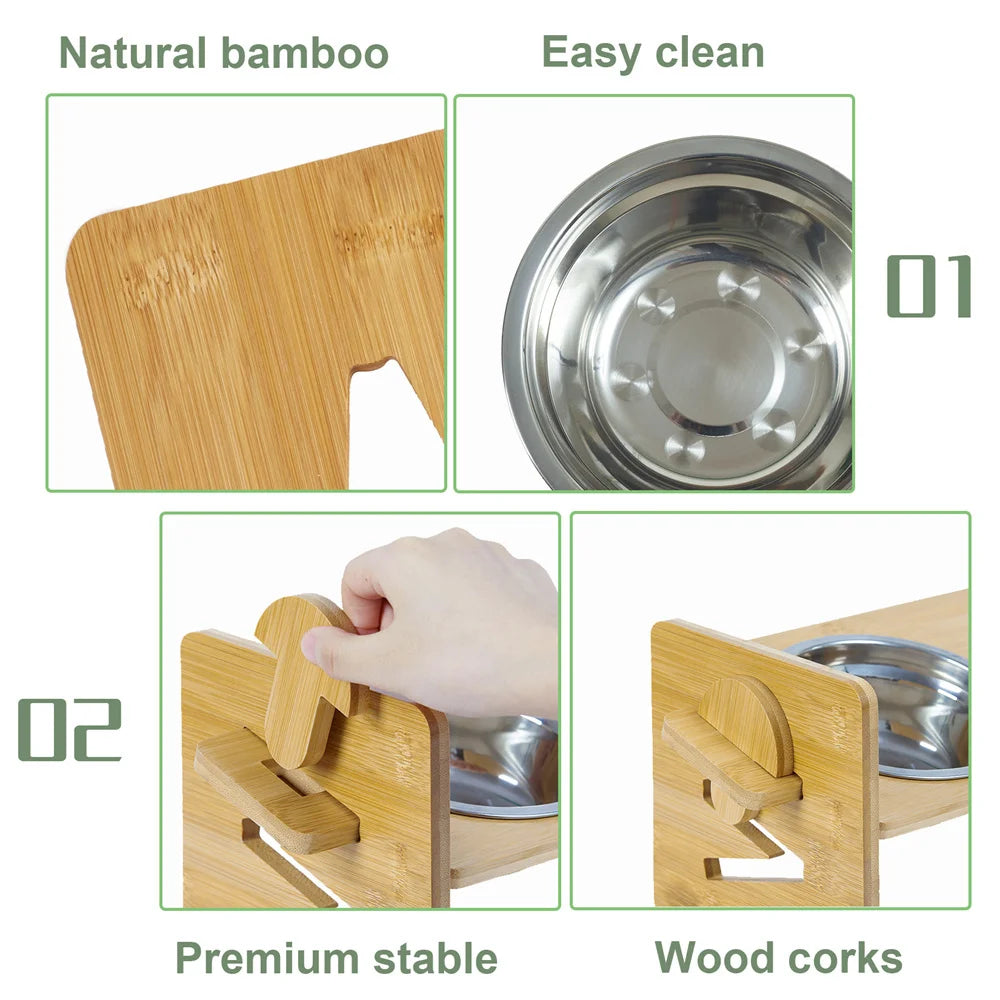 Elevated 4 level Bamboo Dog Feeding Station with 2 Stainless Steel Bowls