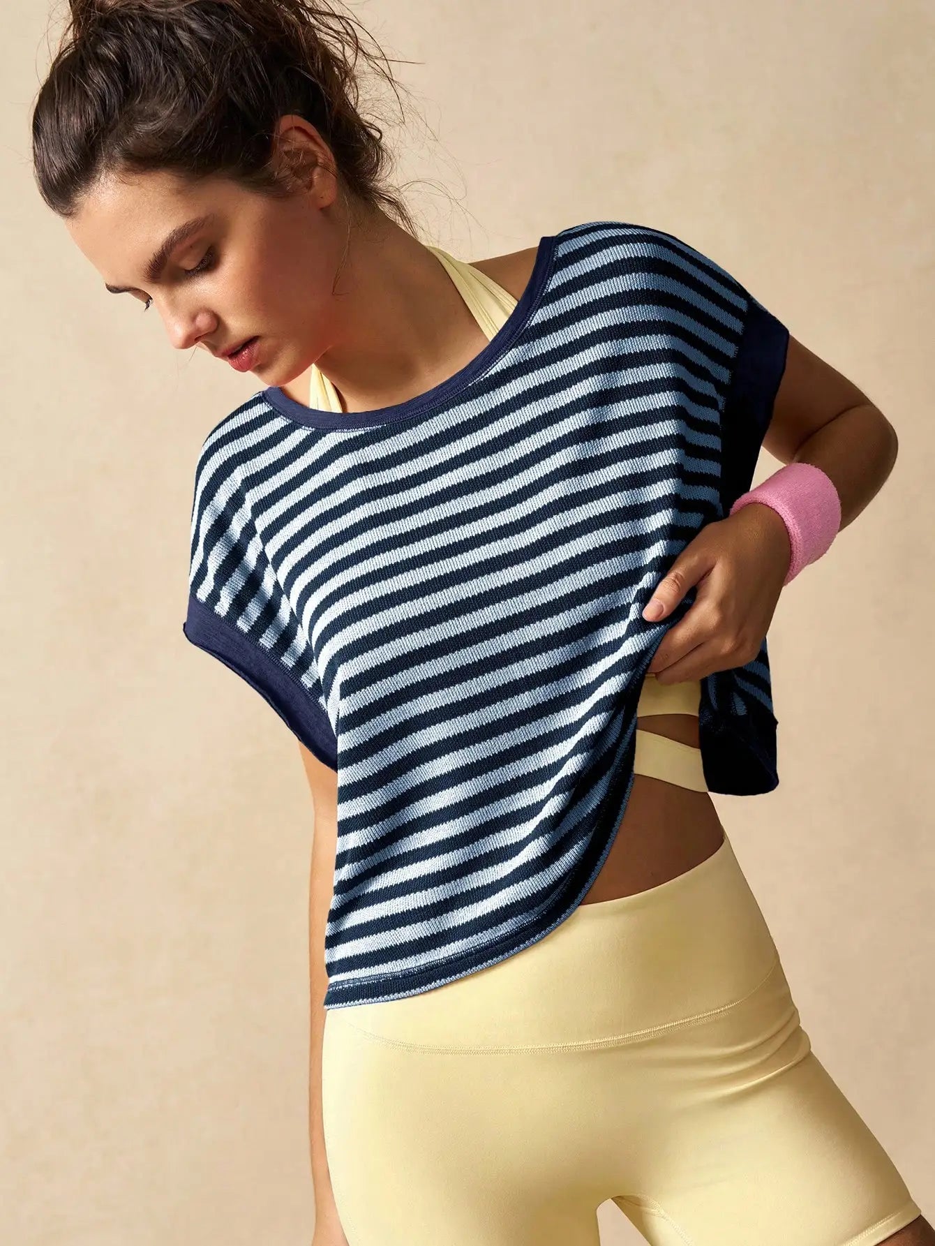 Women Striped Open Back Workout Top Breathable Gym Training