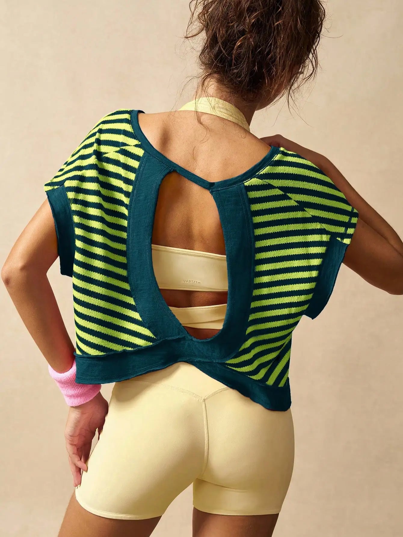 Women Striped Open Back Workout Top Breathable Gym Training