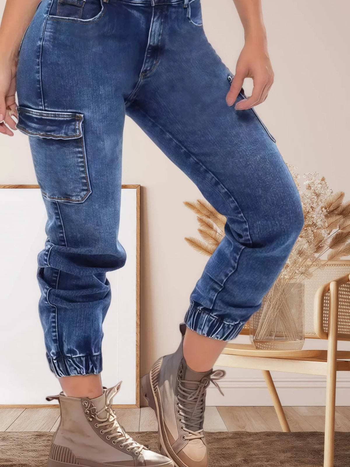 Women’s High Waist Cargo Jeans With Utility Pocket Style