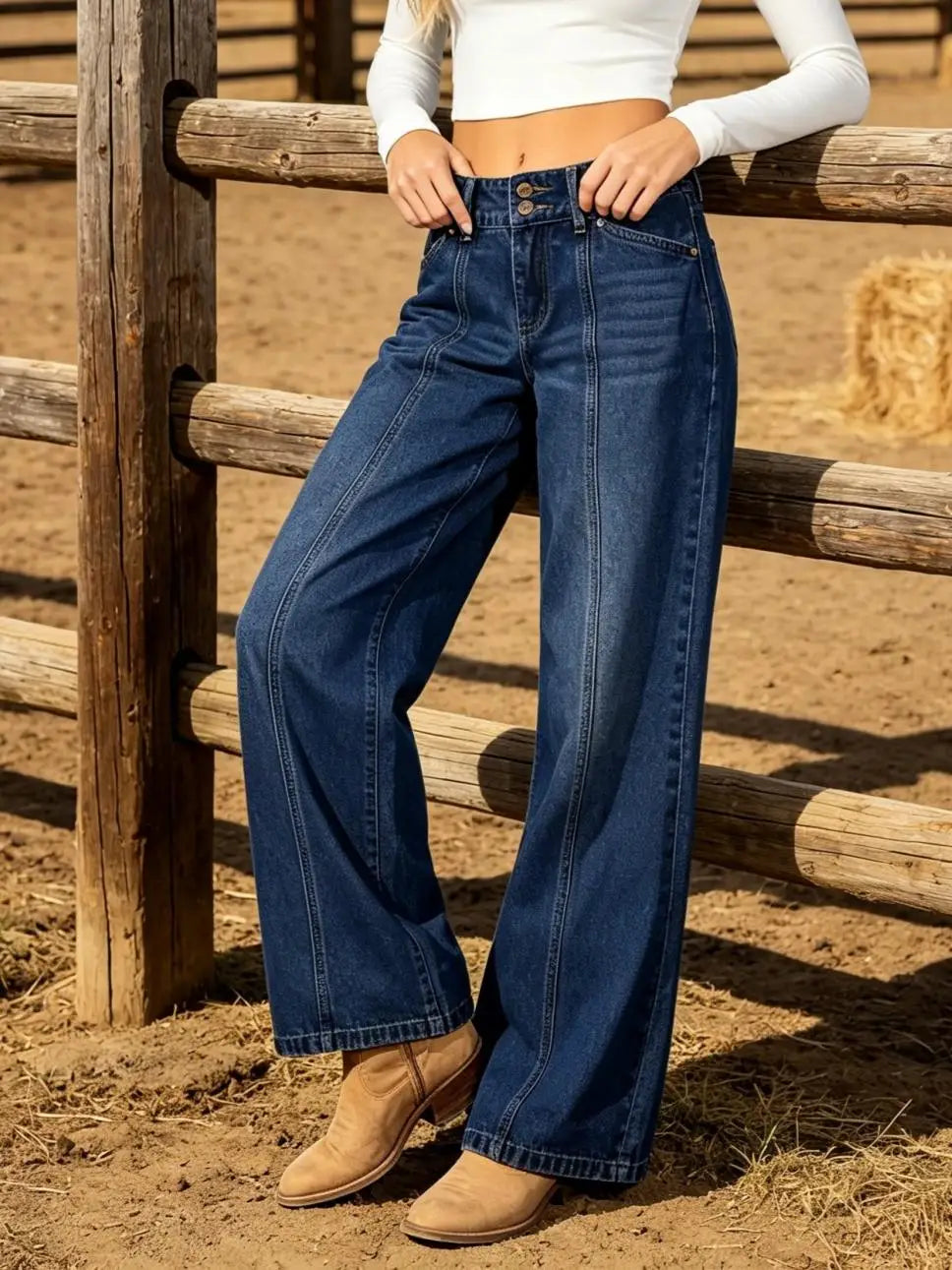 Womens High Waist Triple Button Vertical Stitch Denim Jeans