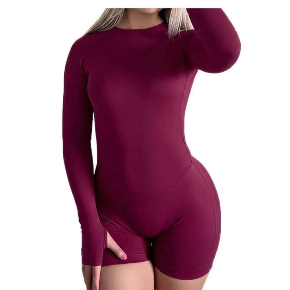 Seamless Nylon Blend Women Long Sleeve Yoga Jumpsuit With Shorts