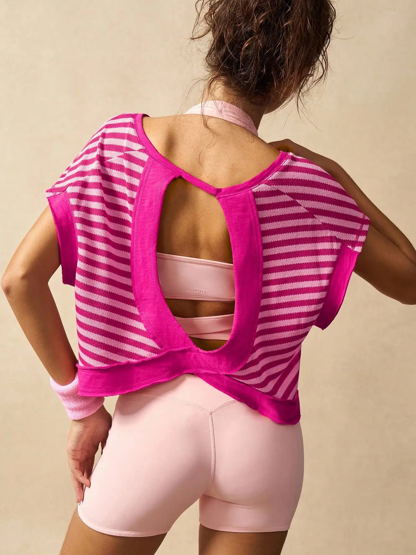 Women Striped Open Back Workout Top Breathable Gym Training