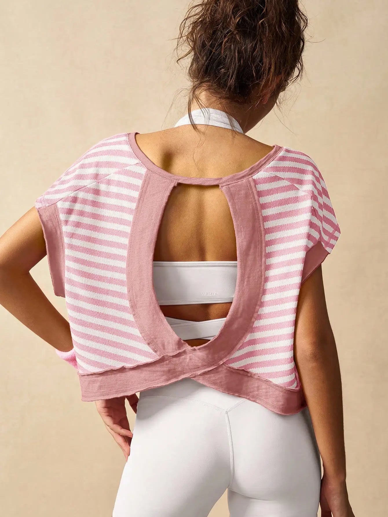 Women Striped Open Back Workout Top Breathable Gym Training
