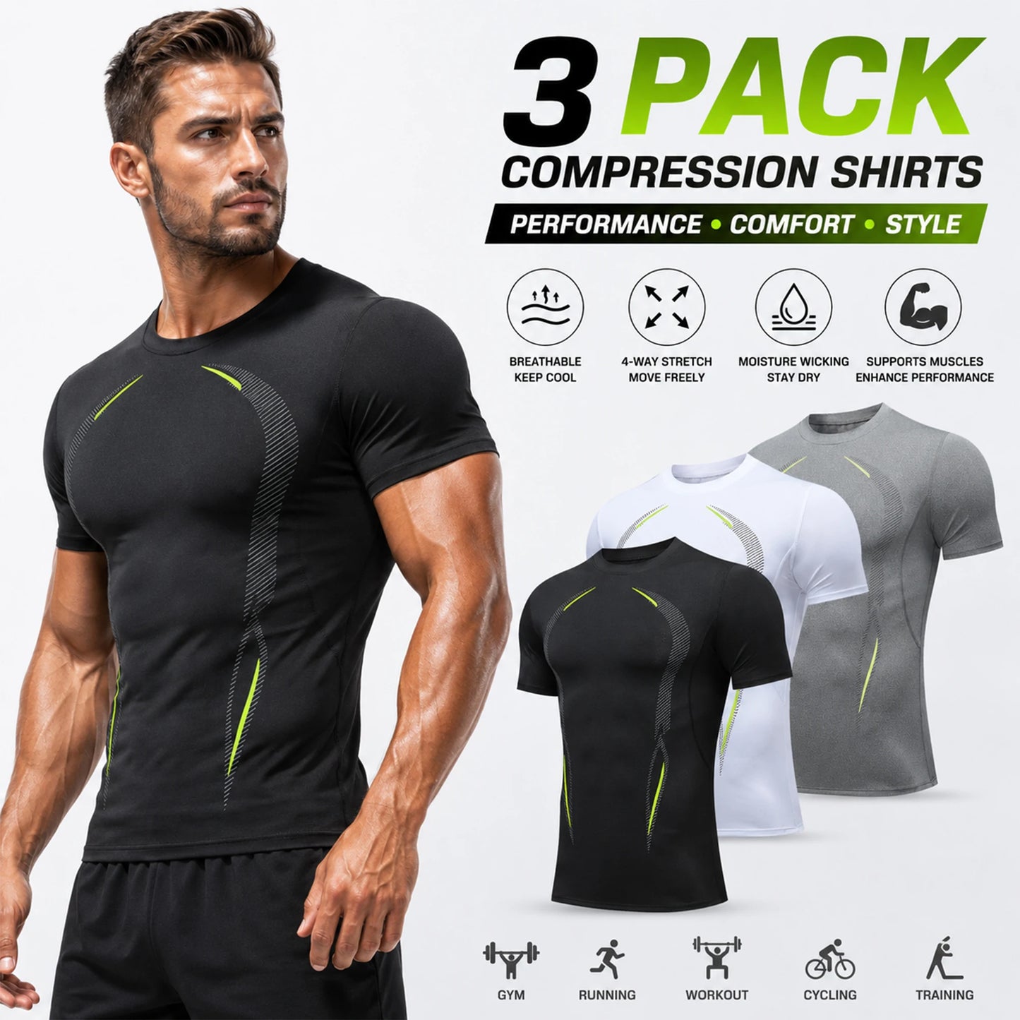 Three Pack Mens Compression Short Sleeve Shirts Workout Gear