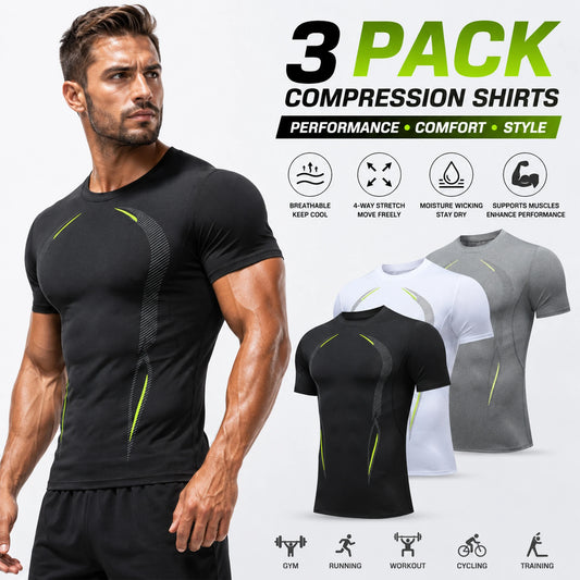 Three Pack Mens Compression Short Sleeve Shirts Workout Gear
