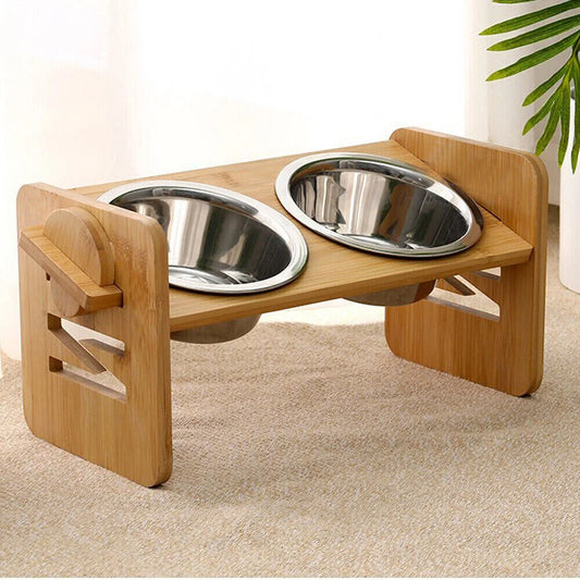 Elevated 4 level Bamboo Dog Feeding Station with 2 Stainless Steel Bowls