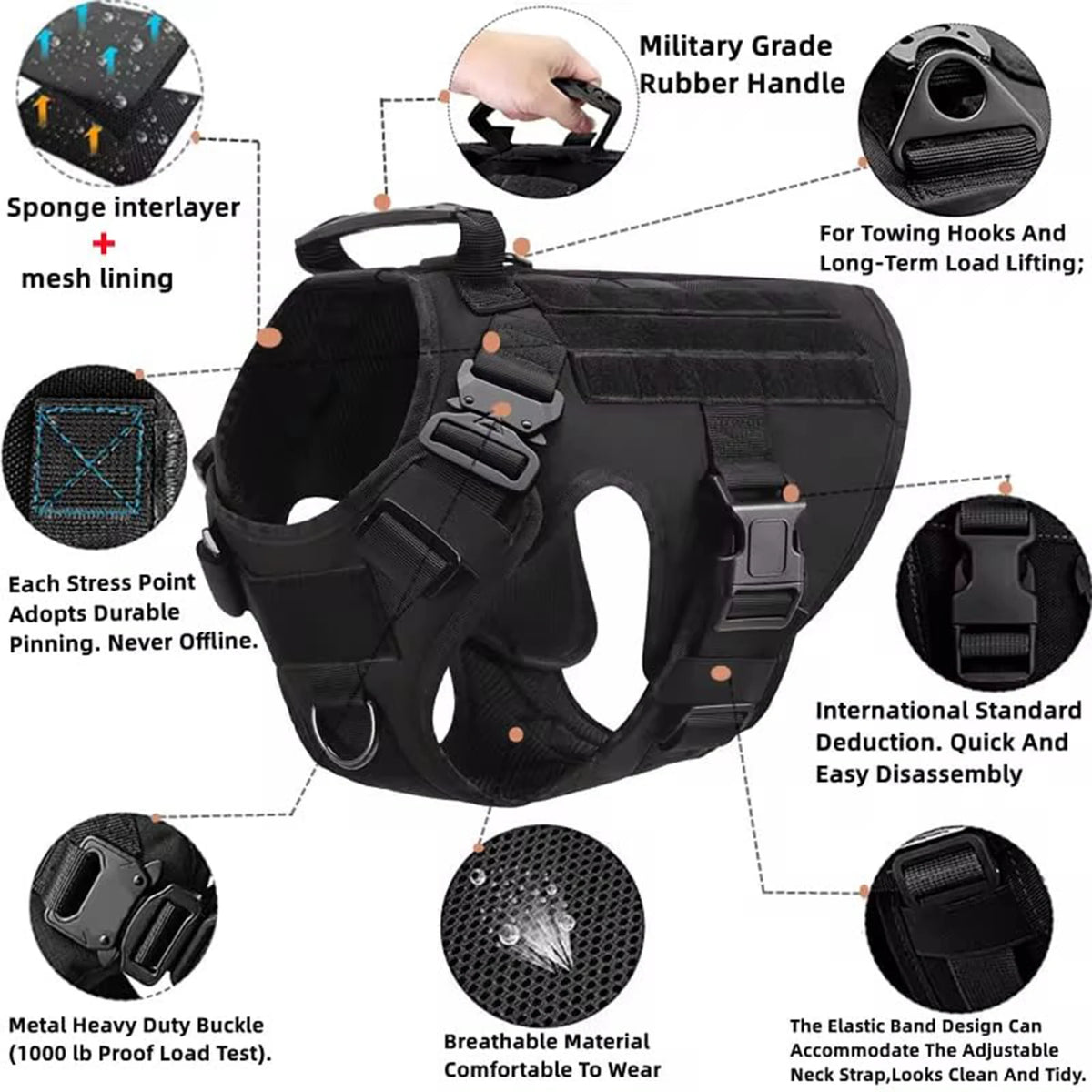 Tactical Dog Harness Collar Leash with Pouches For Medium & Large Dogs
