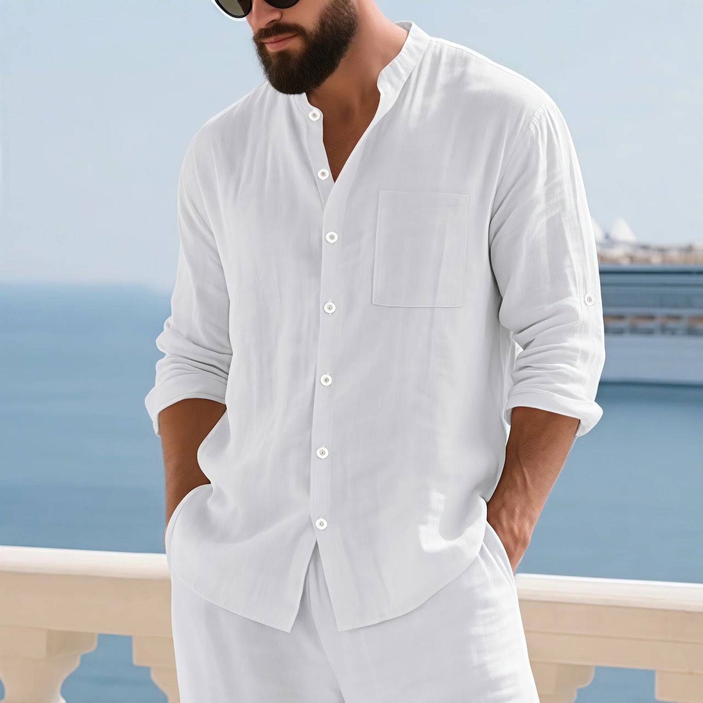 Mens Linen Button Down Long Sleeve Shirt Relaxed Fit