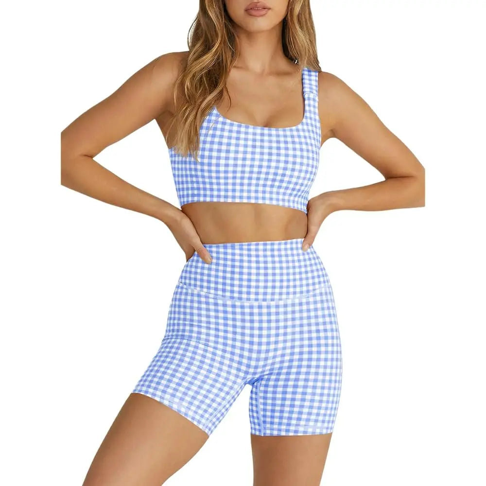 Gingham 2 Piece Womens Workout Set High Waisted Shorts Bra