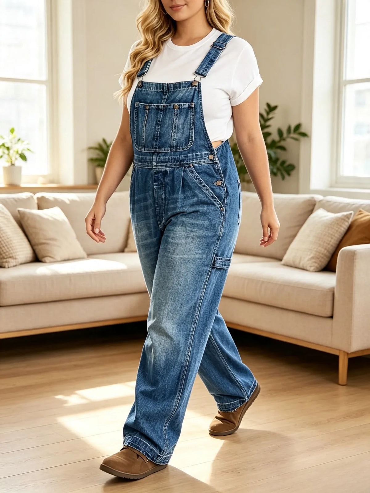 Women's High Waist Distressed Denim Overall Workwear Pants