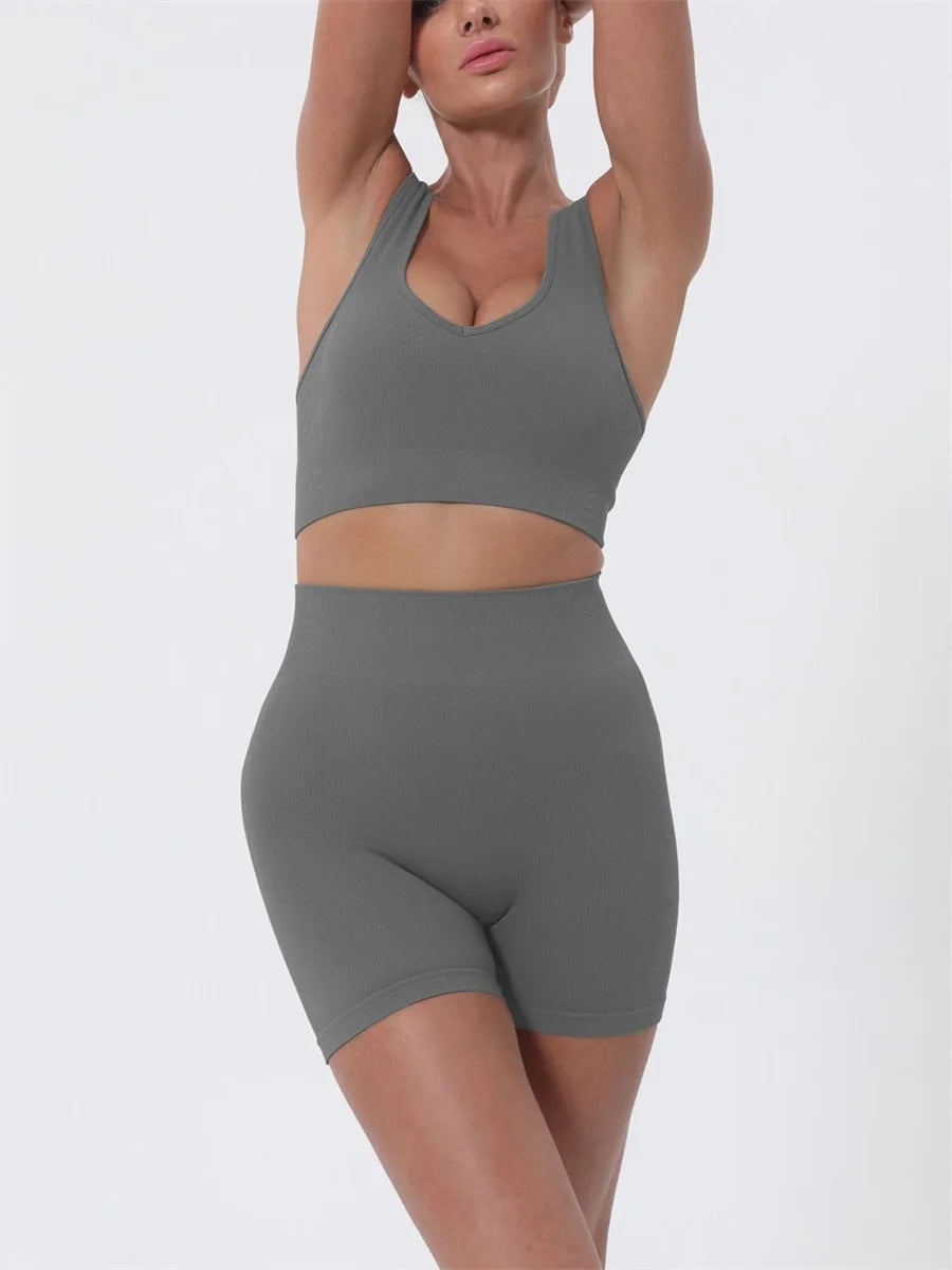 Women's Activewear 2 Piece Sleeveless Crop Top, High Waisted Shorts Set