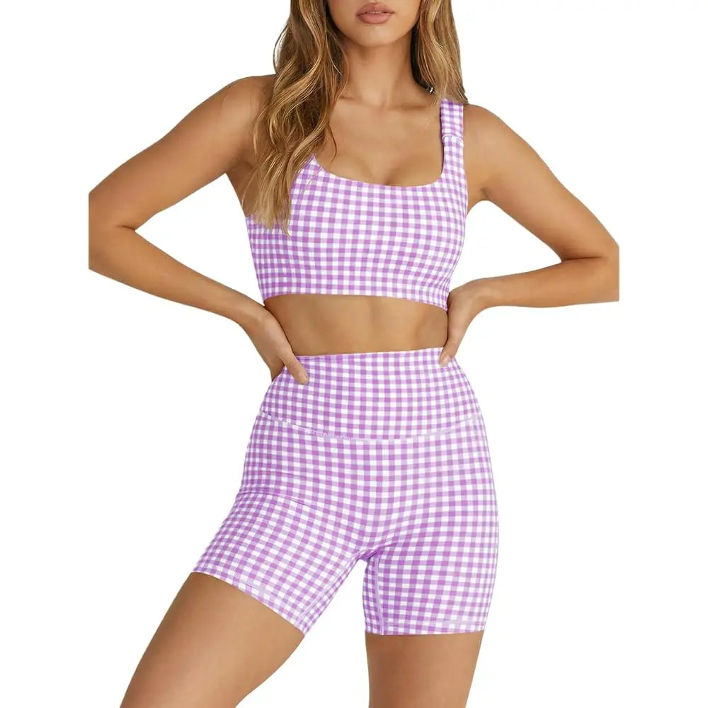 Gingham 2 Piece Womens Workout Set High Waisted Shorts Bra