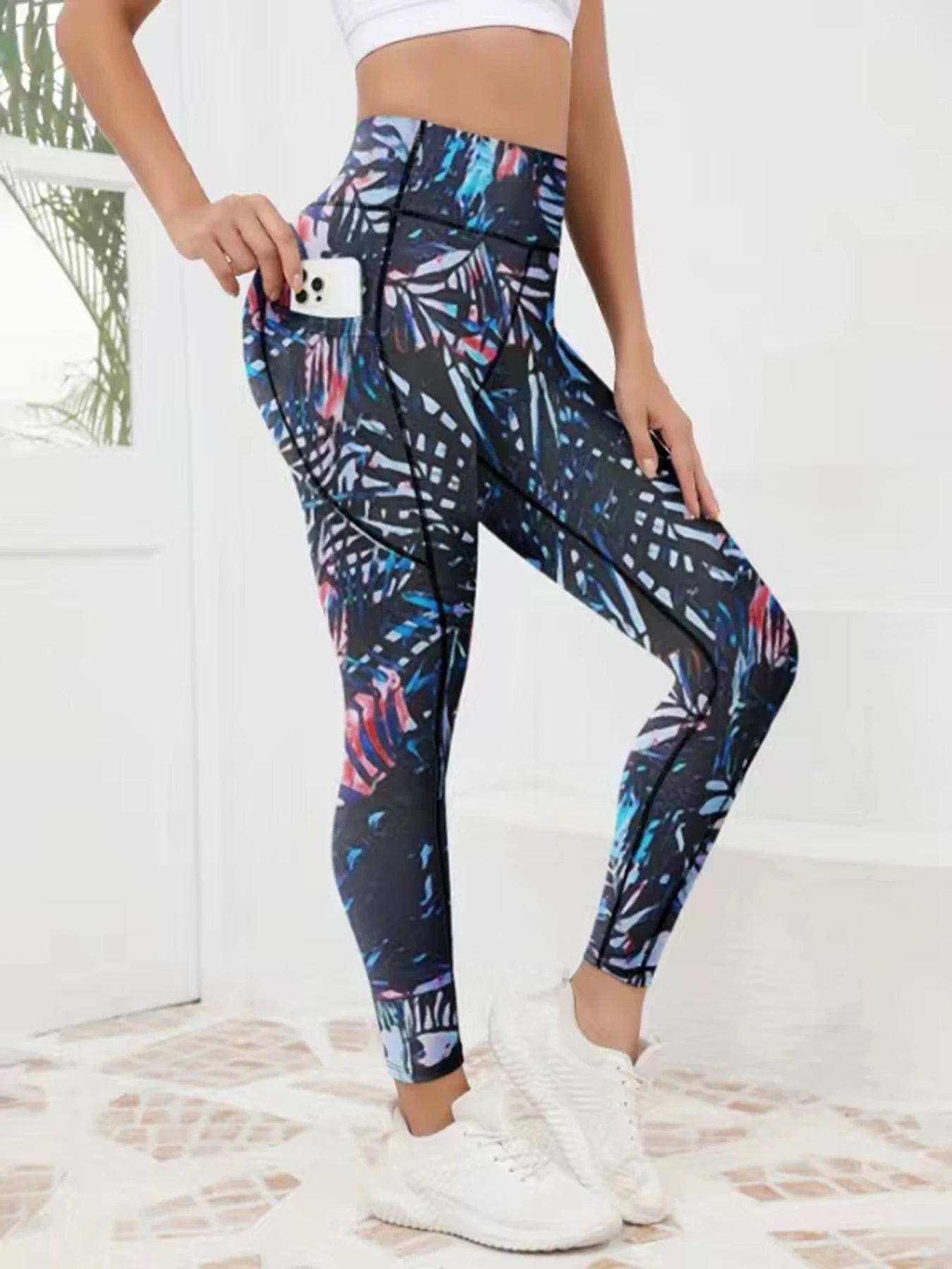Printed Womens High Waistband Pocketed Yoga Fitness Pants