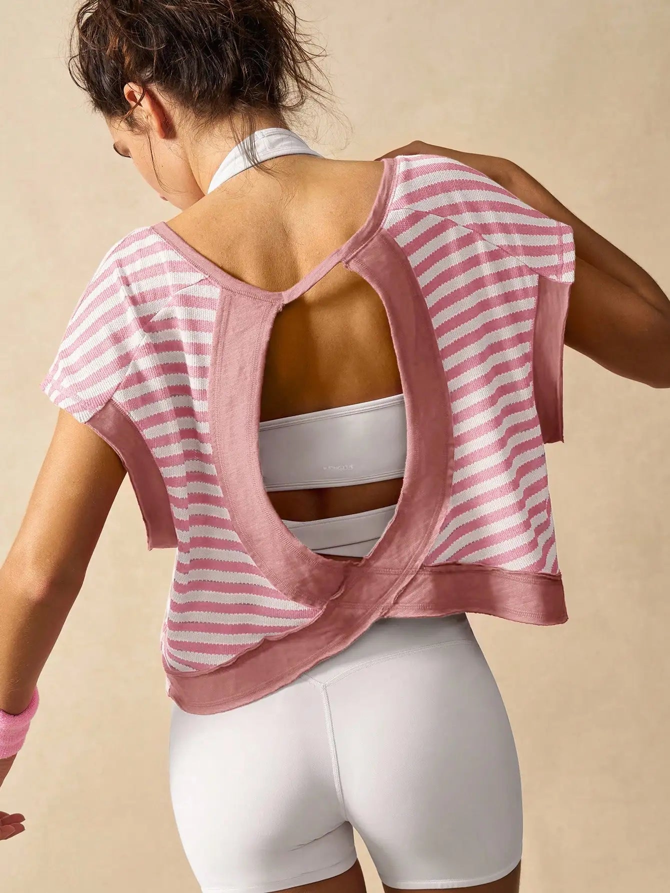 Women Striped Open Back Workout Top Breathable Gym Training