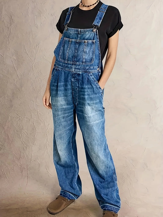 Women's High Waist Distressed Denim Overall Workwear Pants