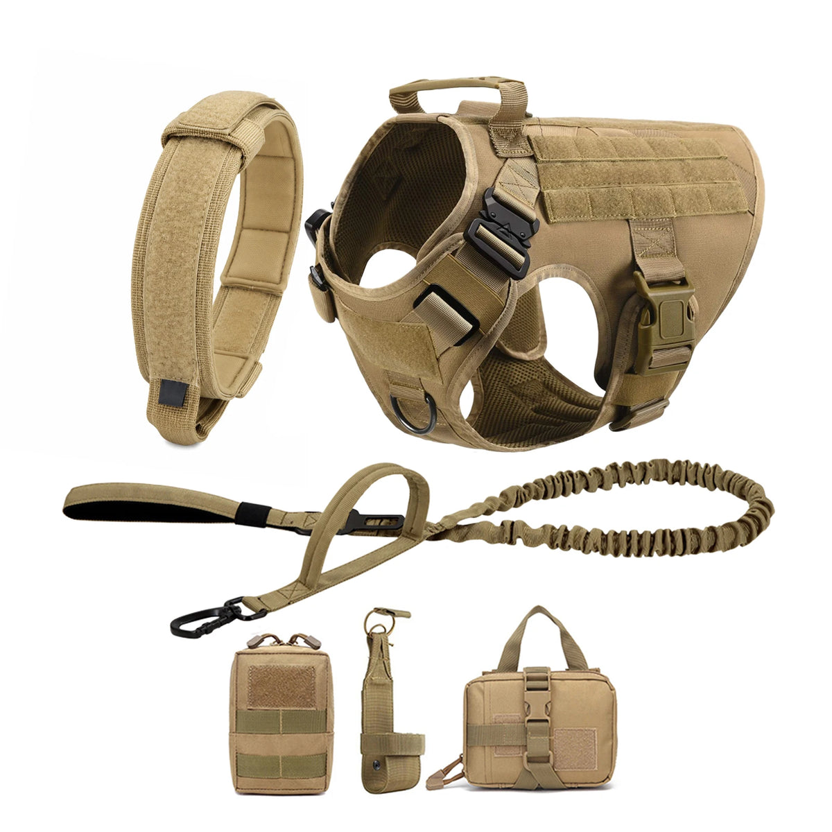 Tactical Dog Harness Collar Leash with Pouches For Medium & Large Dogs