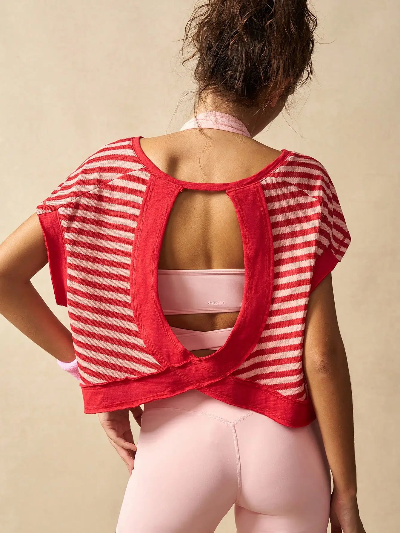 Women Striped Open Back Workout Top Breathable Gym Training