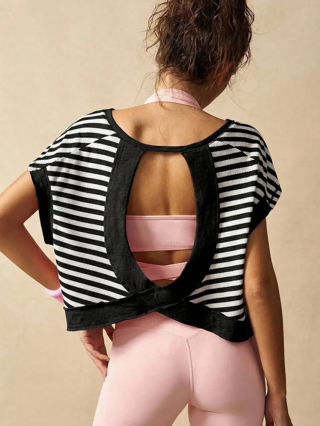 Women Striped Open Back Workout Top Breathable Gym Training