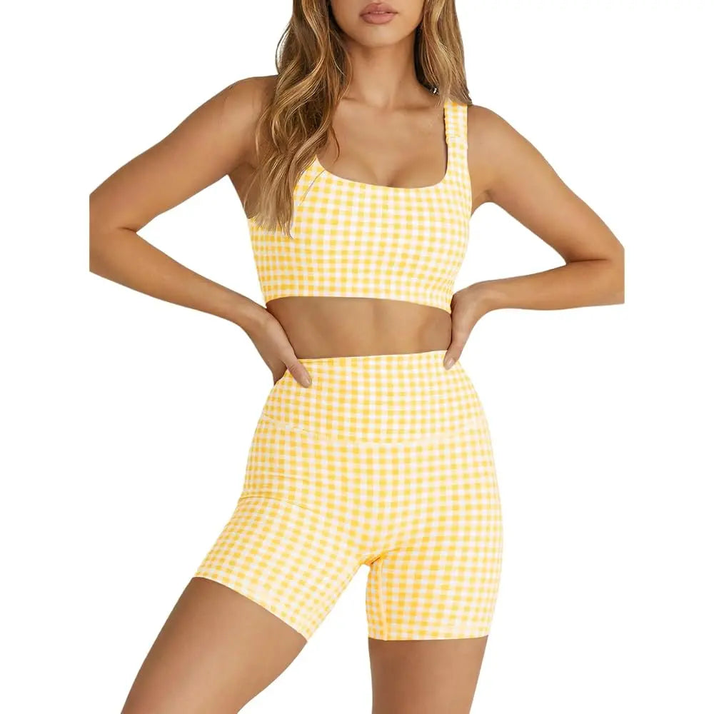 Gingham 2 Piece Womens Workout Set High Waisted Shorts Bra