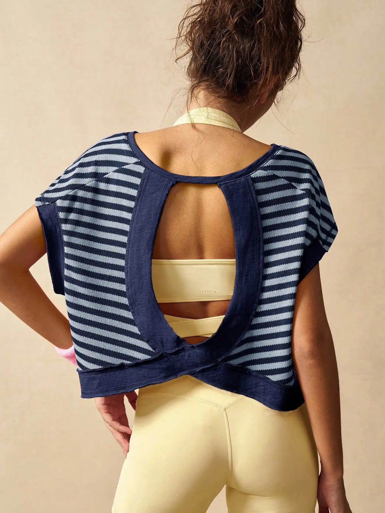Women Striped Open Back Workout Top Breathable Gym Training
