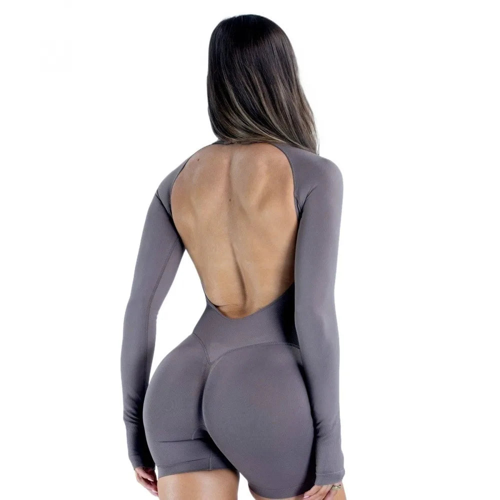 Seamless Nylon Blend Women Long Sleeve Yoga Jumpsuit With Shorts