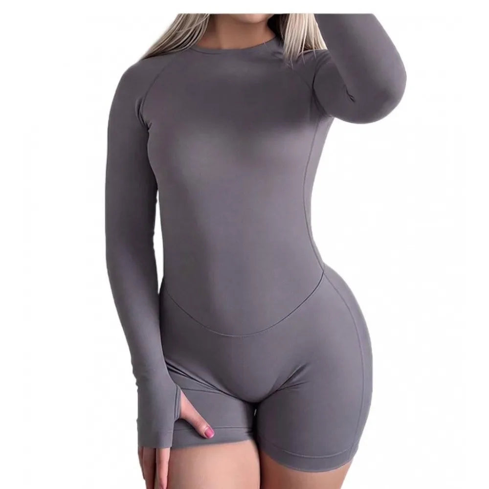 Seamless Nylon Blend Women Long Sleeve Yoga Jumpsuit With Shorts