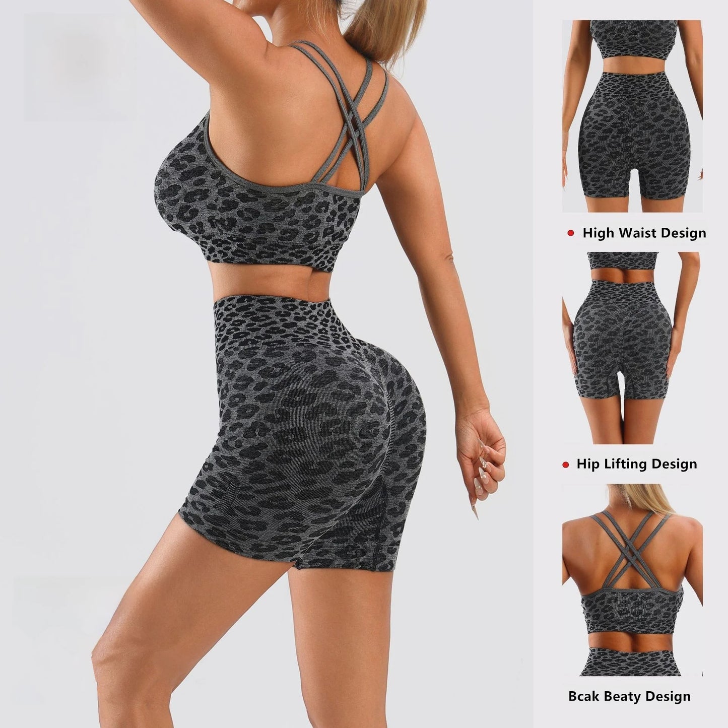 Leopard Print Women's 2 Piece Workout Set With Crop Tank