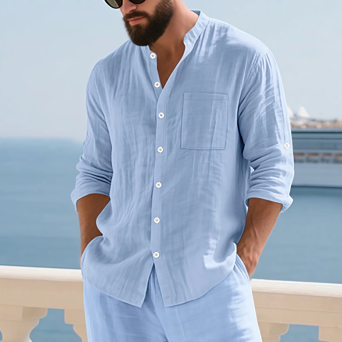 Mens Linen Button Down Long Sleeve Shirt Relaxed Fit