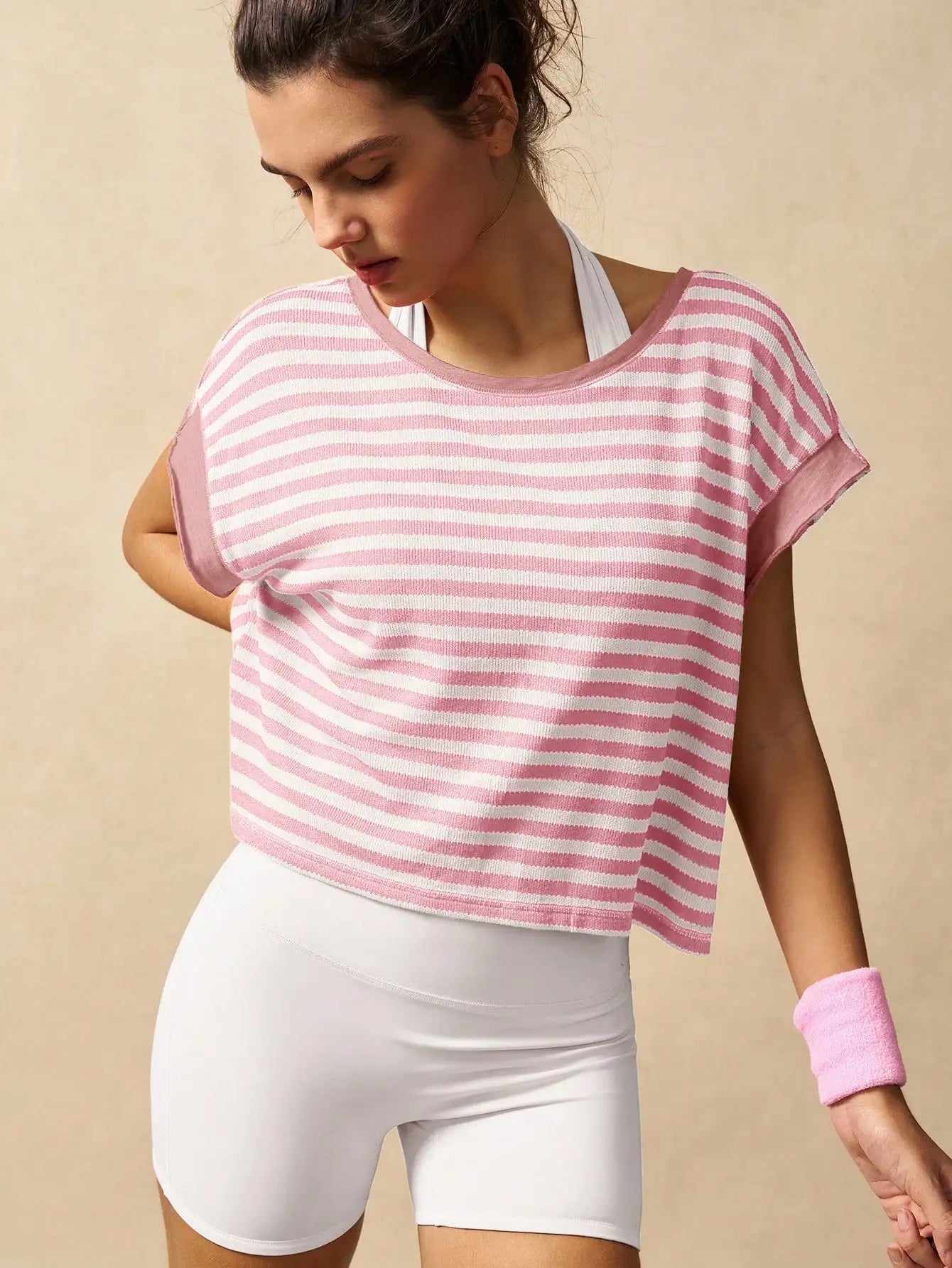 Women Striped Open Back Workout Top Breathable Gym Training