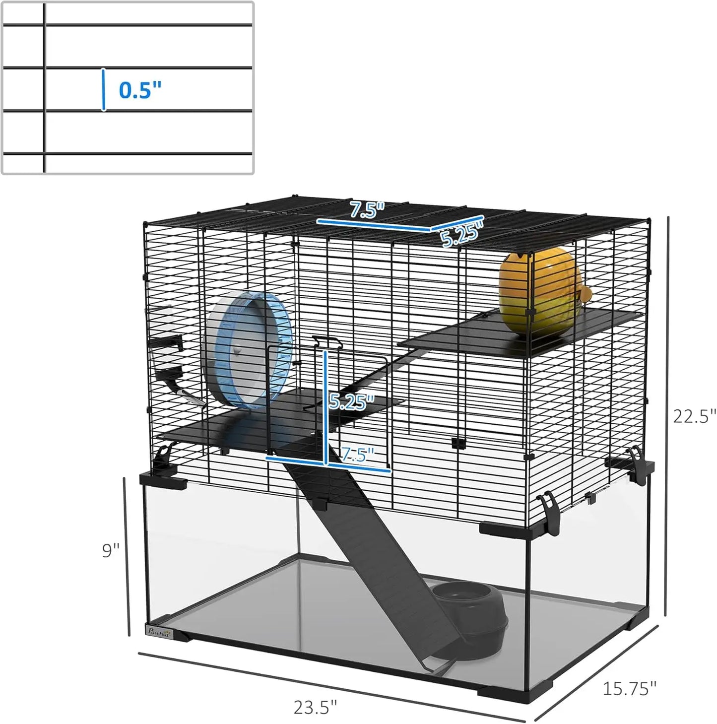 23.5" Black Cage with Ramps, Water Dispenser and Exercise Wheel for Small Animals
