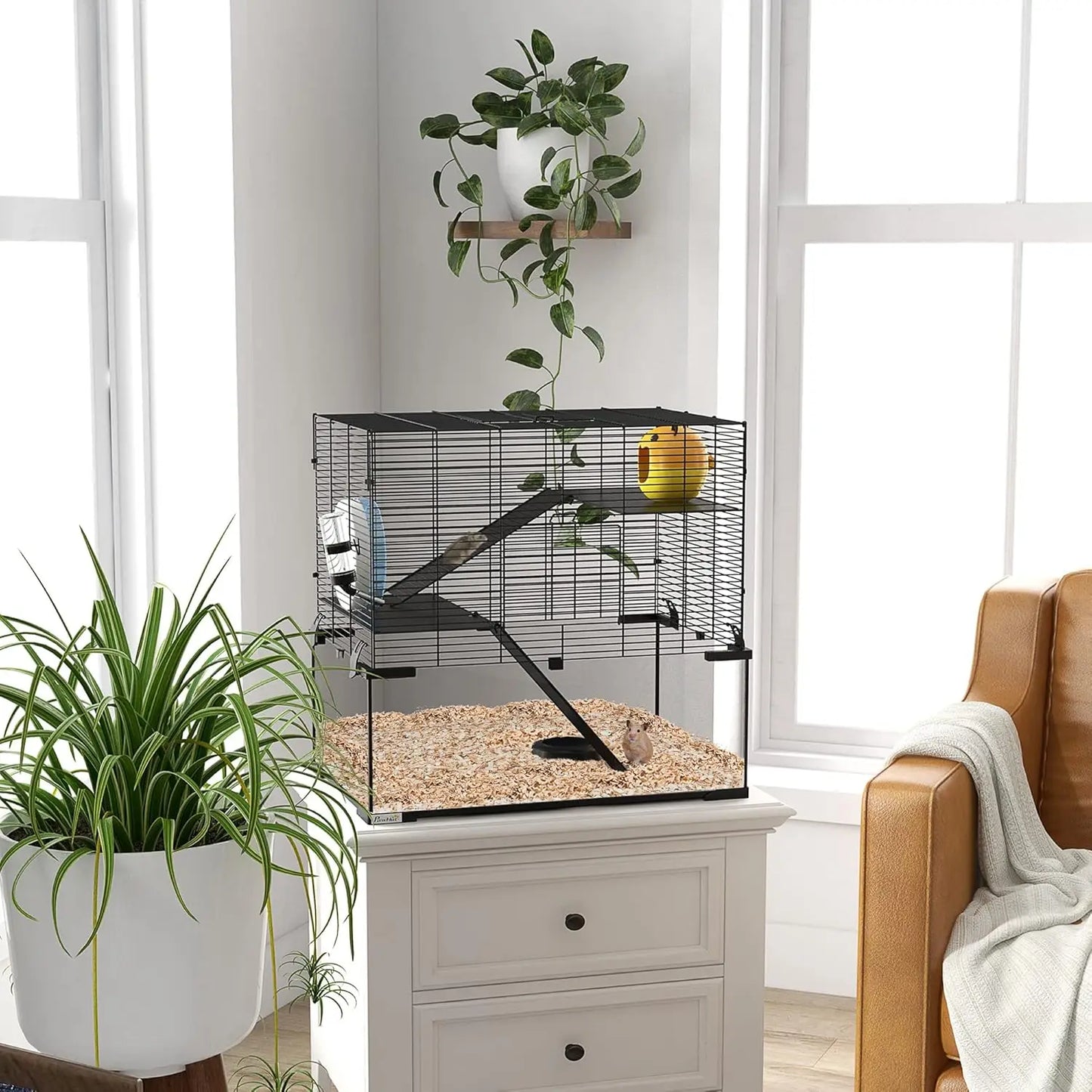23.5" Black Cage with Ramps, Water Dispenser and Exercise Wheel for Small Animals